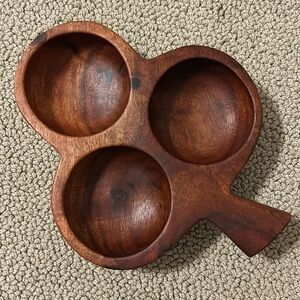 Vintage Hand Carved Solid Wooden Bowl Clover Shaped Three Divided Compartments